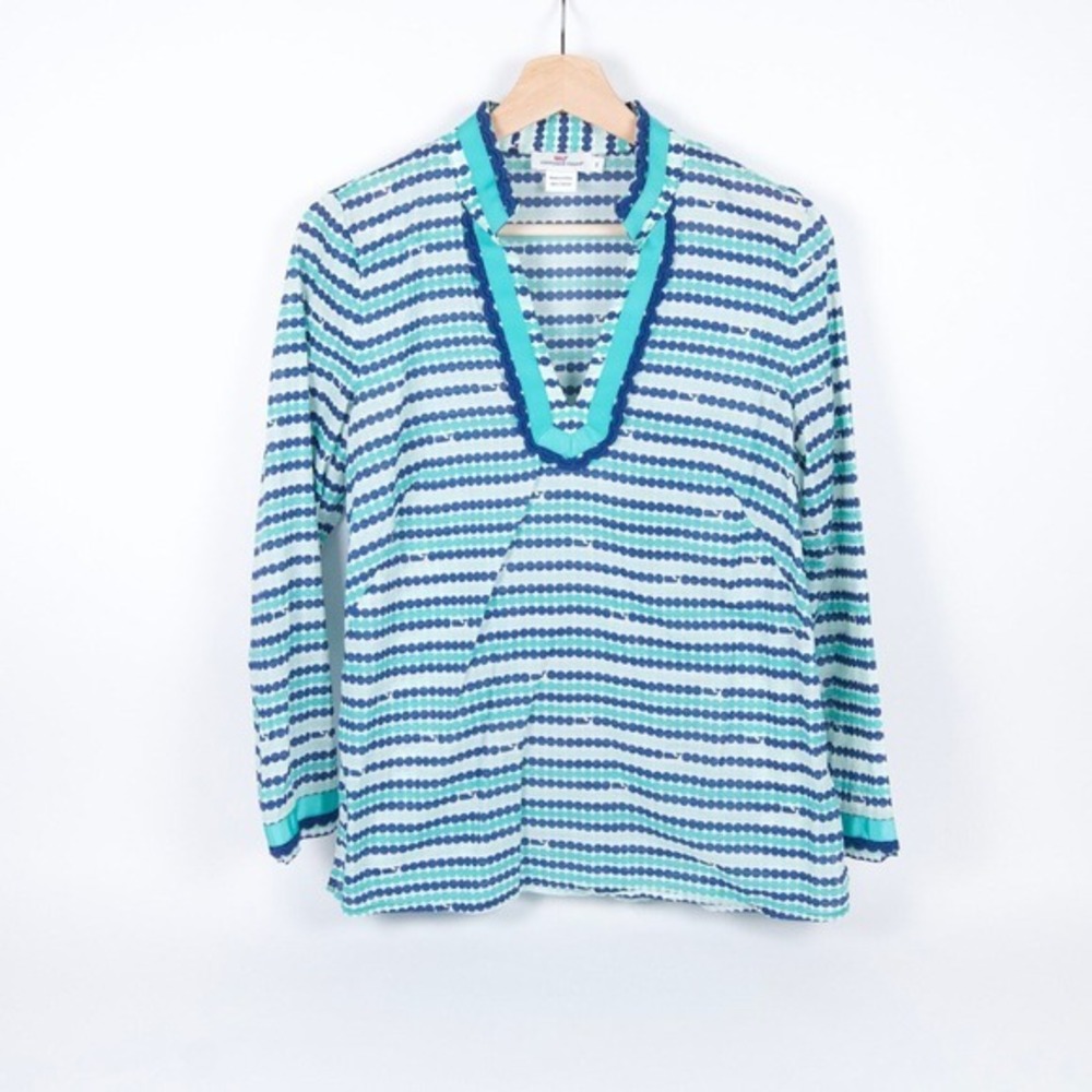 Vineyard Vines Womens‎ S Blue Cotton Voile Whale Polka Dot Print Tunic Top Beach